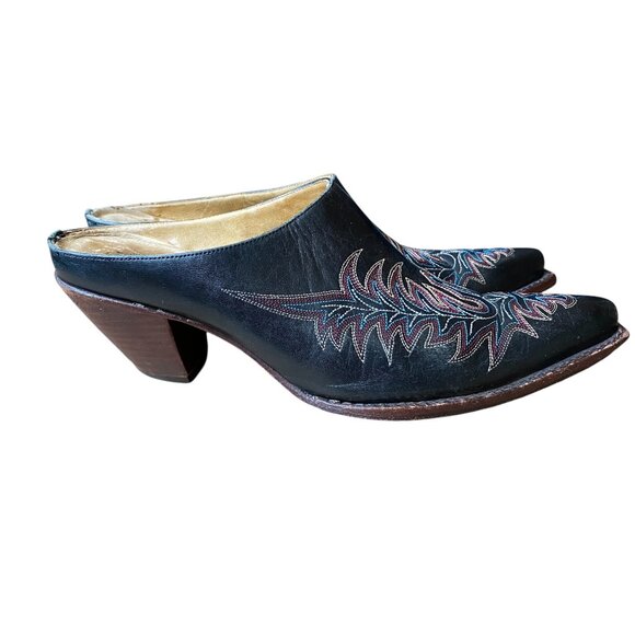 Charlie 1 Horse Mayela Mules by Lucchese 9.5 Black Leather Multicolor Embroidery - Picture 1 of 8